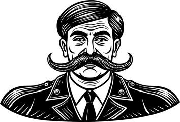 Police officer with an exaggerated, curled mustache, classic law enforcement imagery with humorous and surreal artistic style sketch engraving vector
