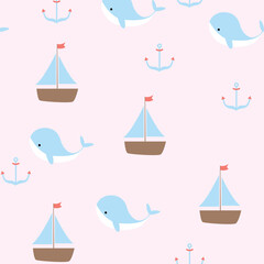 A seamless nautical pattern with cute blue whales, sailboats, and anchors on a pastel pink background, ideal for baby-themed designs and textiles. 
