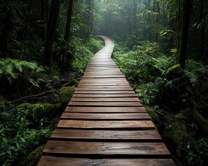 Obraz premium Tropical rainforest boardwalk trail built with minimal environmental disruption, ecotourism harmony, lush, preserved nature