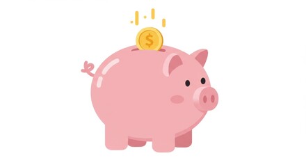 Flat Design Illustration of a Piggy Bank with a Single Gold Coin Dropping In