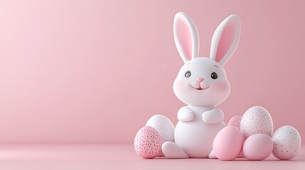 Obraz premium Minimalist Easter scene featuring Happy Easter celebration and Easter bunny with eggs, soft lighting, delicate details, elegant design, perfect for seasonal graphics. 
