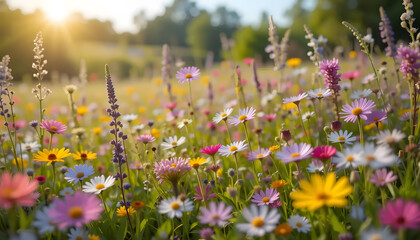 A Vibrant Meadow Explodes With Wildflowers Under A Warm Sun, Showcasing A Breathtaking Array Of Colors And Textures In A Blissful Summer Scene