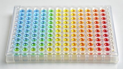 Naklejka premium A vibrant microplate displays a gradient of colored liquids ranging from blue to red