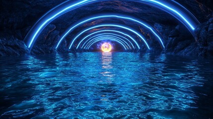 Neon tunnel, water reflection, cave, glowing orb