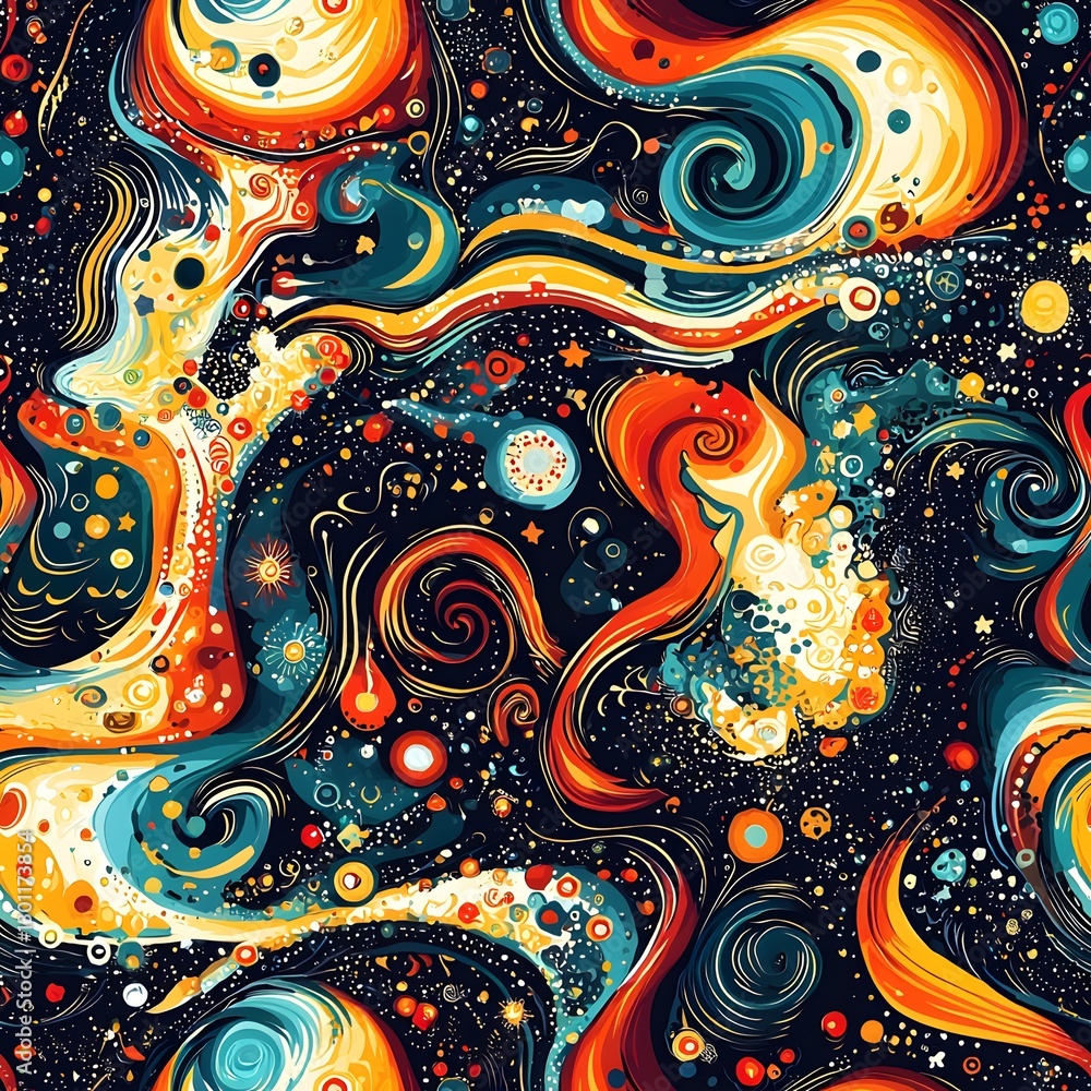 Wall mural colorful swirl and star seam pattern creating a whimsical abstract design for creative projects