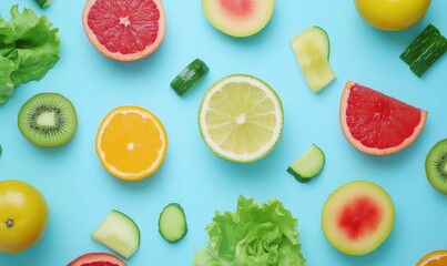 Naklejka premium Colorful healthy fruit arrangement on blue background.