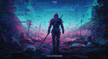 Fototapeta premium Glitch Art Digital Warrior Five of Swords Tarot Card