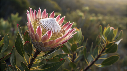 stunning protea flower showcasing detailed texture and vibrant colors, surrounded by lush greenery