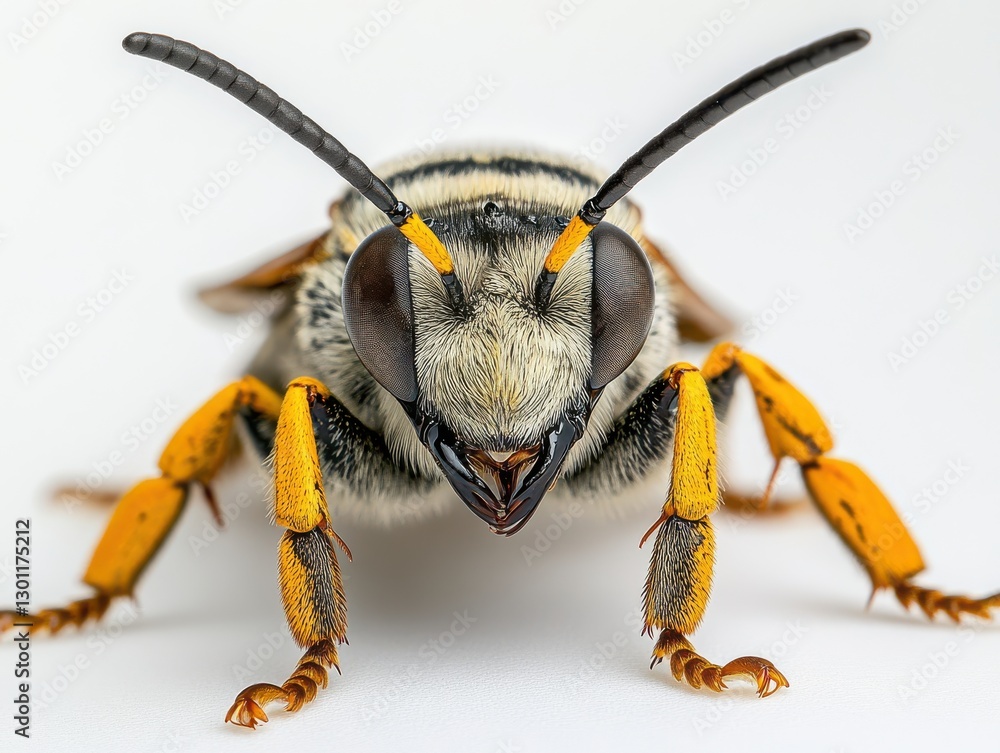 Poster close-up image of a detailed insect with yellow and black features highlighting fine textures and in