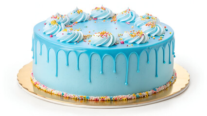 A gourmet frosted cake with a striking blue glaze and vibrant sprinkles, isolated on a white background for a clean and elegant look.