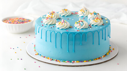 A gourmet frosted cake with a striking blue glaze and vibrant sprinkles, isolated on a white background for a clean and elegant look.