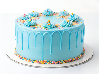 A gourmet frosted cake with a striking blue glaze and vibrant sprinkles, isolated on a white background for a clean and elegant look.