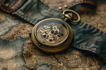 Vintage pocket watch resting on an antique map, symbolizing the passage of time and adventure in exploration.