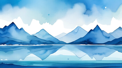 Fototapeta premium Watercolor Mountain Landscape with Lake Reflection Painting for Calm Scenery
