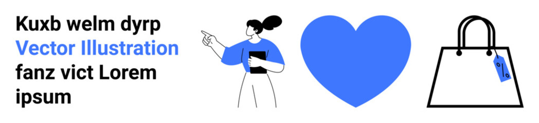 Female character holding tablet and pointing, blue heart symbol, and shopping bag with tag. Ideal for e-commerce, fashion, retail, online shopping, love concepts, business promotion and flat landing