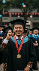 Obraz premium A proud Indonesian graduate wearing a cap and gown, celebrating academic success with a gold medal and a joyful fist pump at a graduation ceremony.