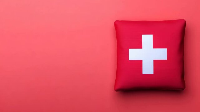 Red First Aid Kit on Pink Background for Emergency Medical Supplies and Healthcare Design with Copy Space