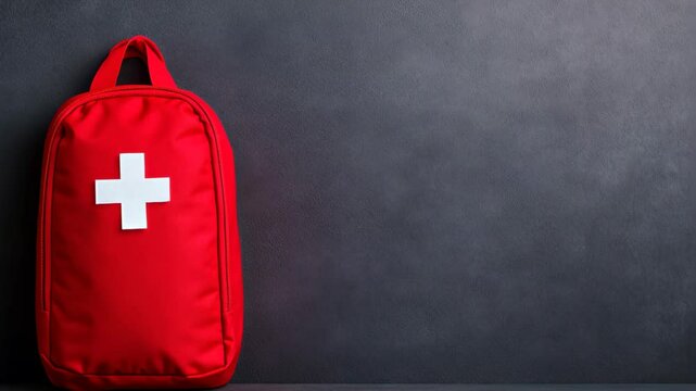 Emergency First Aid Kit on Plain Background for Medical and Educational Use, Red Backpack with White Cross, Isolated View, Suitable for Healthcare and Safety Concepts