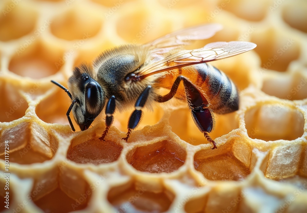 Poster close-up image of honey bee collecting pollen in honeycomb structure, showcasing details of insect a