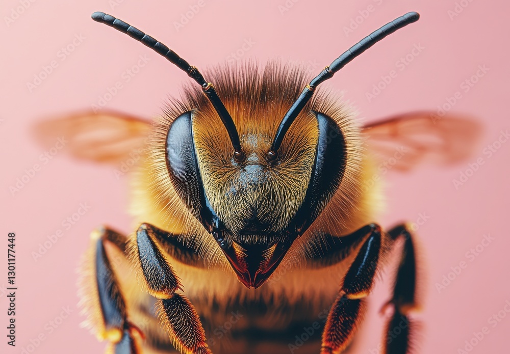 Poster close-up image of honey bee featuring detailed texture and color patterns against soft pink backgrou