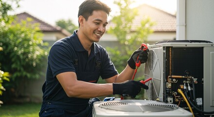 A skilled HVAC technician repairs an outdoor air conditioning unit, using tools and wearing gloves while working efficiently in a residential setting on a sunny day.