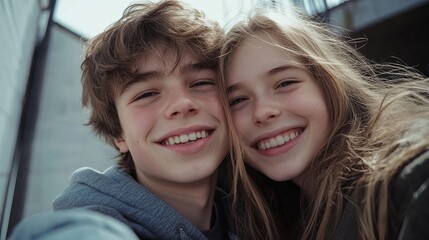 Fototapeta premium Happy Teenagers Smiling Close Up Portrait Photo Young Boy Girl Friendship Joyful Authentic Candid Expressions Natural Light Outdoor Setting Happy 