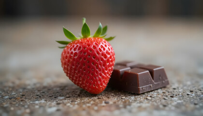 A Luscious Ripe Strawberry And A Dark Chocolate Square Resting On A Rustic Surface Bathed In Soft Natural Light