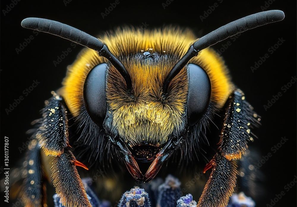 Poster close-up macro shot of a bumblebee with detailed features and vibrant colors on a dark background