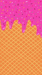 Vector illustration of melting ice cream on waffle cone background with colorful sugar and chocolate sprinkles, summer flyer, brochure or menu