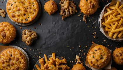 A Delectable Spread Of Golden-brown Pastries, Crispy Fries, And Savory Bites Artfully Arranged On A Dark Surface, Creating A Mouthwatering Feast For The Eyes