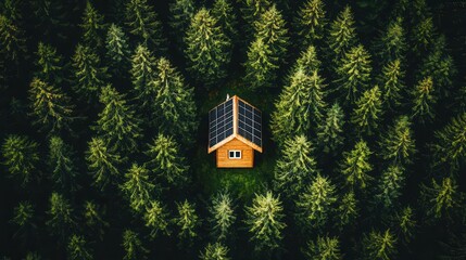 Naklejka premium Offthegrid solarpowered cabin in a dense pine forest, ecotourism escape, nature sustainability focus, minimalist, renewable energy