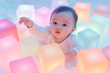Baby playing with colorful sensory light cubes, reaching for illumination and discovery