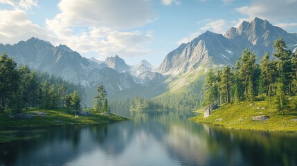 Fototapeta premium A serene.Surrounded by snow-capped mountains The lake was quiet.