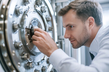 Fototapeta premium Scientist working with vacuum equipment in laboratory, adjusting settings