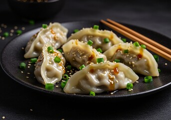 A plate of freshly steamed dumplings garnished with sesame seeds, scallions, and soy sauce, served with chopsticks for a delicious and authentic Asian dining experience.