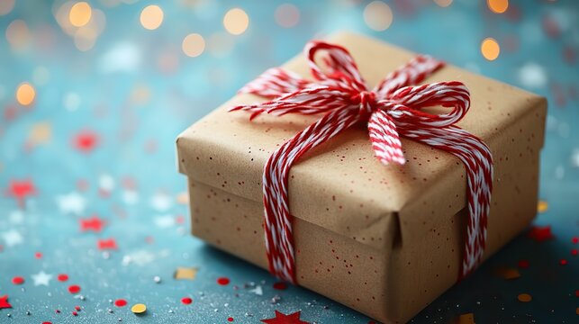 A large package tied with red and white string ribbon on a bright background.