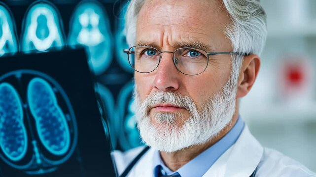 Focused Doctor Analyzing Brain MRI Scans, Medical Expertise, Advanced Diagnostic Review in Hospital Setting, Radiology, Neurology, Professional Healthcare Analysis, Precision in Medicine Concept
