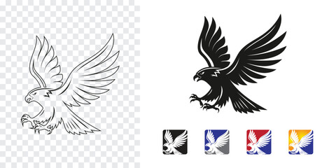 Flying eagle logo, outline and solid design, multiple color variations Falcon emblem, powerful eagle silhouette