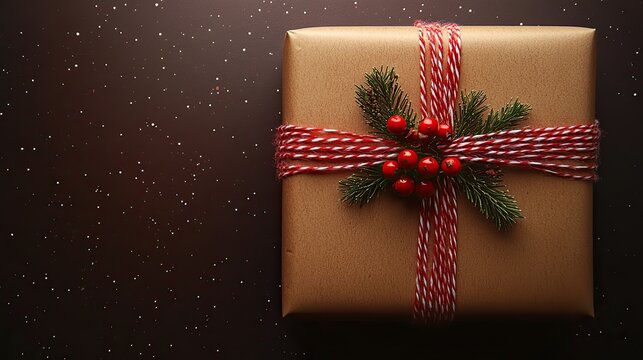 A large package tied with red and white string ribbon on a bright background.