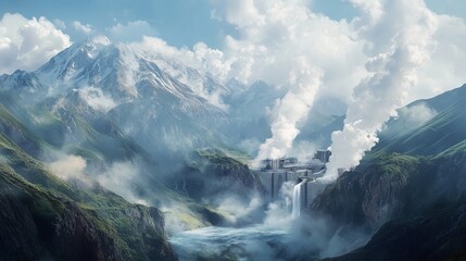 Obraz premium geothermal power plant integrated into a mountainous landscape, releasing clean steam into the sky, blending seamlessly with nature