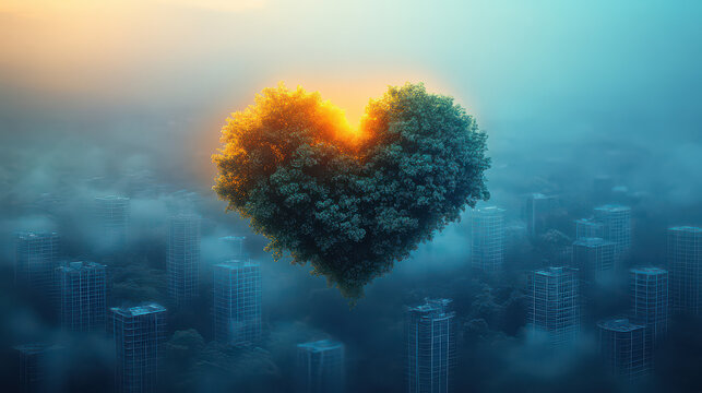 green heart shape tree isolated on modern building, idea of earth day, eco friendly concept.