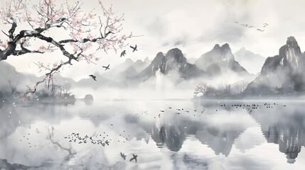 Dawn's First Light; A Peaceful Landscape of Delicate Cherry Blossoms Against a Mountainous Backdrop