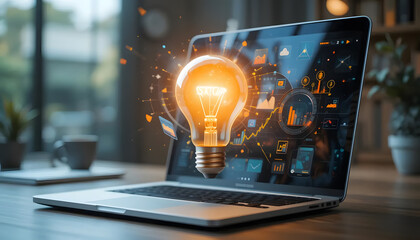 A Brilliant Idea Bursts From A Laptop Screen, Illuminating A Path To Innovation And Success With A Warm Glow And Data Visualizations
