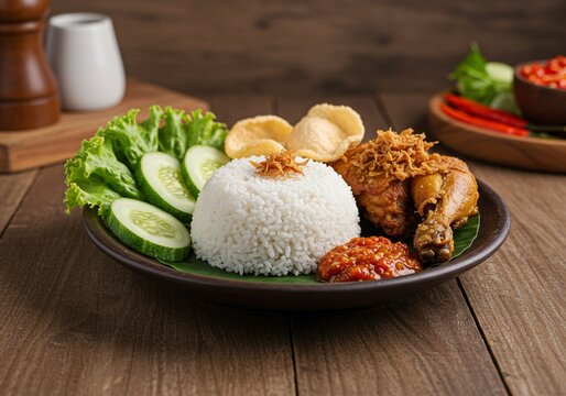 A traditional Indonesian meal of nasi ayam goreng, featuring crispy fried chicken, steamed rice, spicy sambal, fresh cucumber, lettuce, and crackers on a banana leaf.