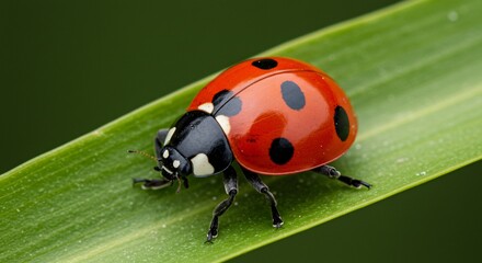 Fototapeta premium A vibrant red ladybug with black spots crawls along a fresh green leaf, showcasing its delicate details and natural beauty in a close-up macro shot.