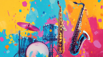 Vibrant poster for International Jazz Day with saxophones, drums, and guitars, celebrating musical culture and live performances. Banner, copy space