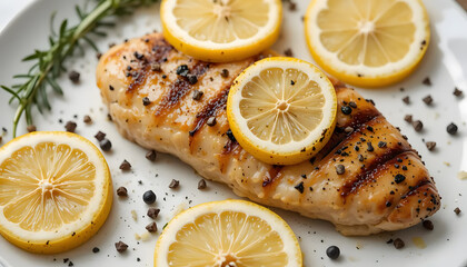 A Succulent Grilled Chicken Breast, Glistening With Lemon Juice And Pepper, Rests On A Plate Surrounded By Fresh Lemon Slices And Sprigs Of Rosemary, Creating A Vibrant And Appetizing Culinary Scene