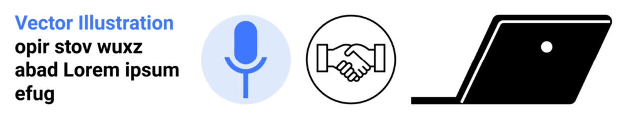 Blue microphone, handshake circle, and laptop outline emphasize networking, collaboration, tech communication. Ideal for podcasts, business deals, presentations, work-from-home social media digital