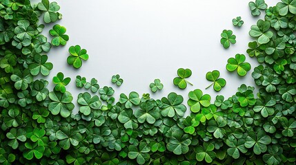 A lightbox with a St. Patrick's Day greeting, shamrocks made of green hearts and stars confetti on a white background.