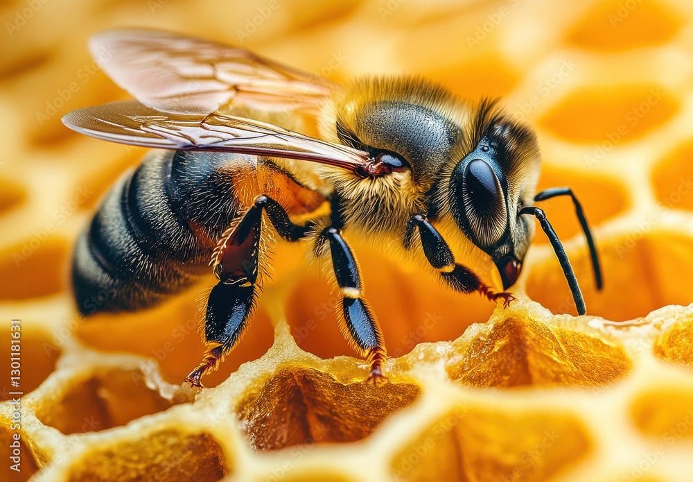 Poster close-up of a bee collecting nectar on honeycomb with detailed features highlighted in stunning macr